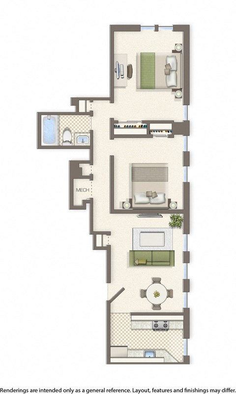 Floor plan for 2 beds, 1 bath, 774 sqft